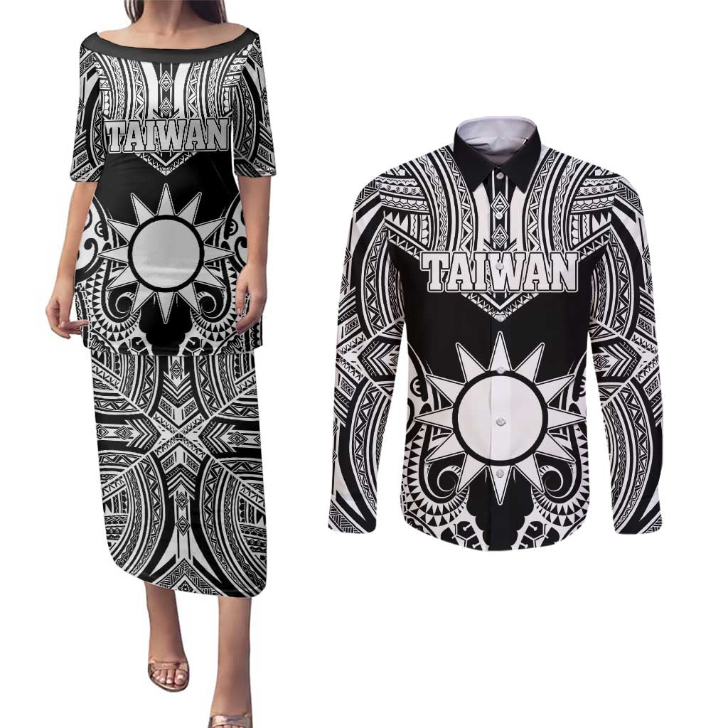 Personalised Taiwan Couples Matching Puletasi and Long Sleeve Button Shirt Austronesian Tribal Tattoo Black LT05 Black - Polynesian Pride