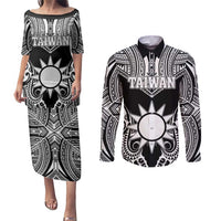 Personalised Taiwan Couples Matching Puletasi and Long Sleeve Button Shirt Austronesian Tribal Tattoo Black LT05 Black - Polynesian Pride