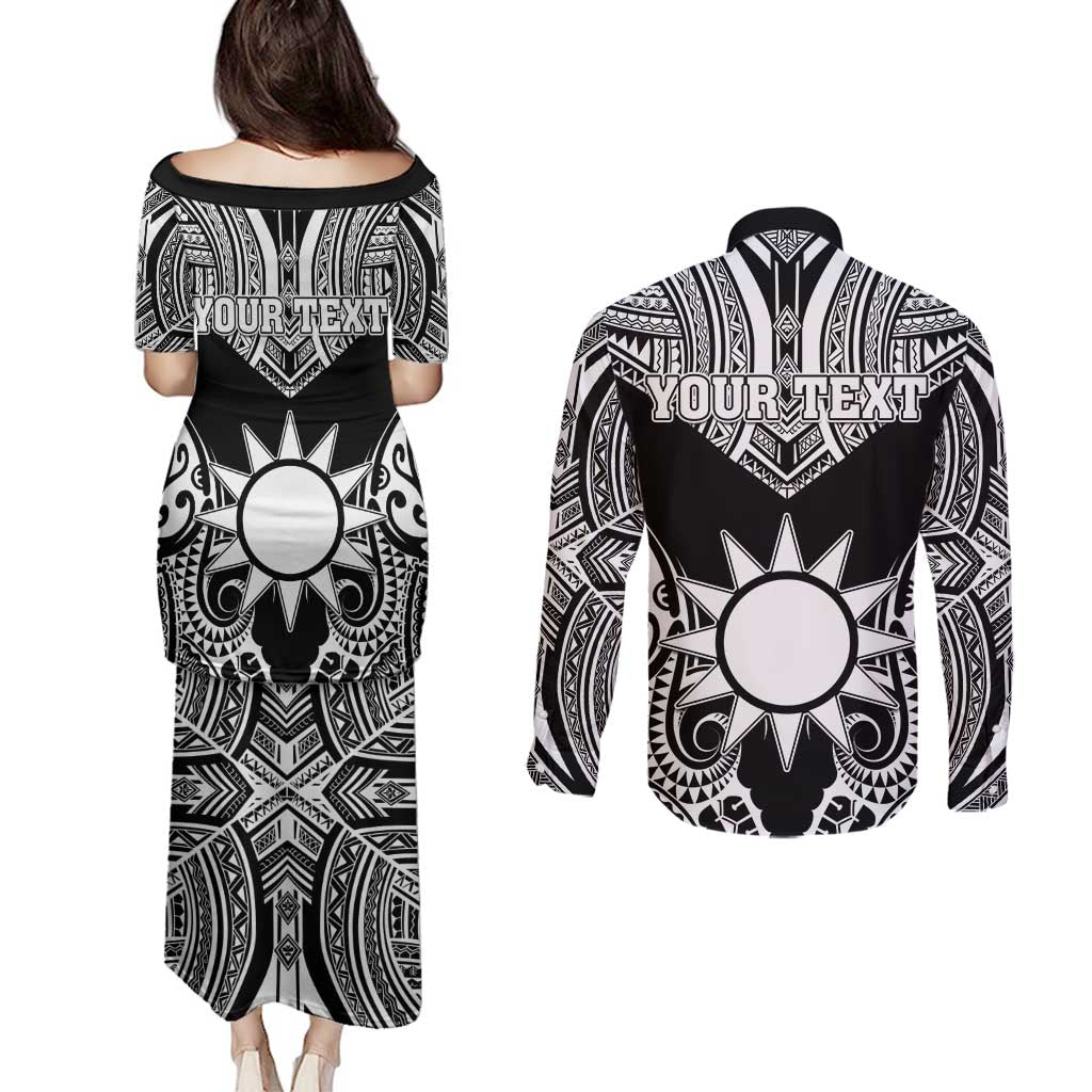 Personalised Taiwan Couples Matching Puletasi and Long Sleeve Button Shirt Austronesian Tribal Tattoo Black LT05 - Polynesian Pride