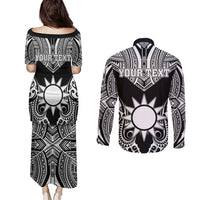 Personalised Taiwan Couples Matching Puletasi and Long Sleeve Button Shirt Austronesian Tribal Tattoo Black LT05 - Polynesian Pride