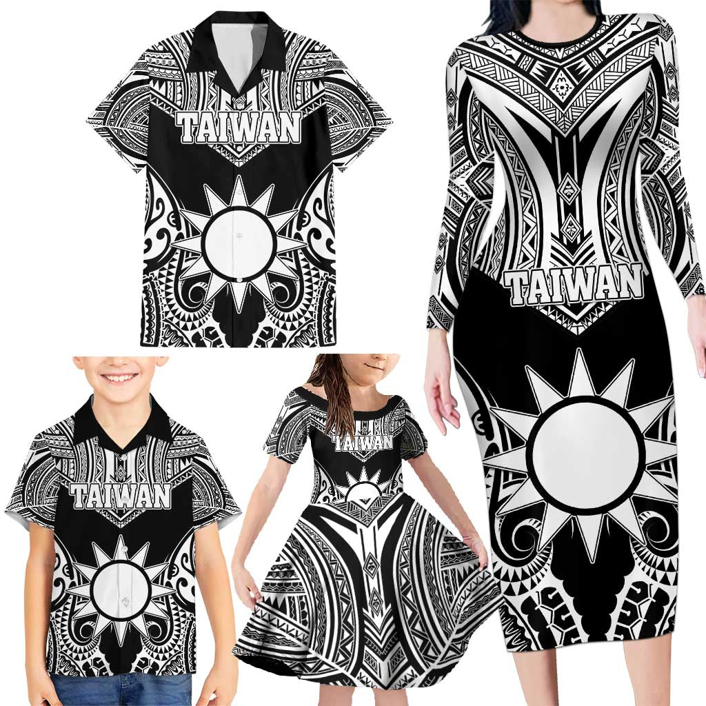 Personalised Taiwan Family Matching Long Sleeve Bodycon Dress and Hawaiian Shirt Austronesian Tribal Tattoo Black LT05 - Polynesian Pride