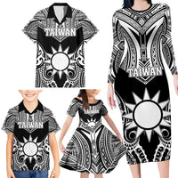 Personalised Taiwan Family Matching Long Sleeve Bodycon Dress and Hawaiian Shirt Austronesian Tribal Tattoo Black LT05 - Polynesian Pride