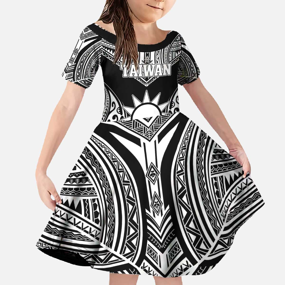 Personalised Taiwan Family Matching Off The Shoulder Long Sleeve Dress and Hawaiian Shirt Austronesian Tribal Tattoo Black LT05 Daughter's Dress Black - Polynesian Pride
