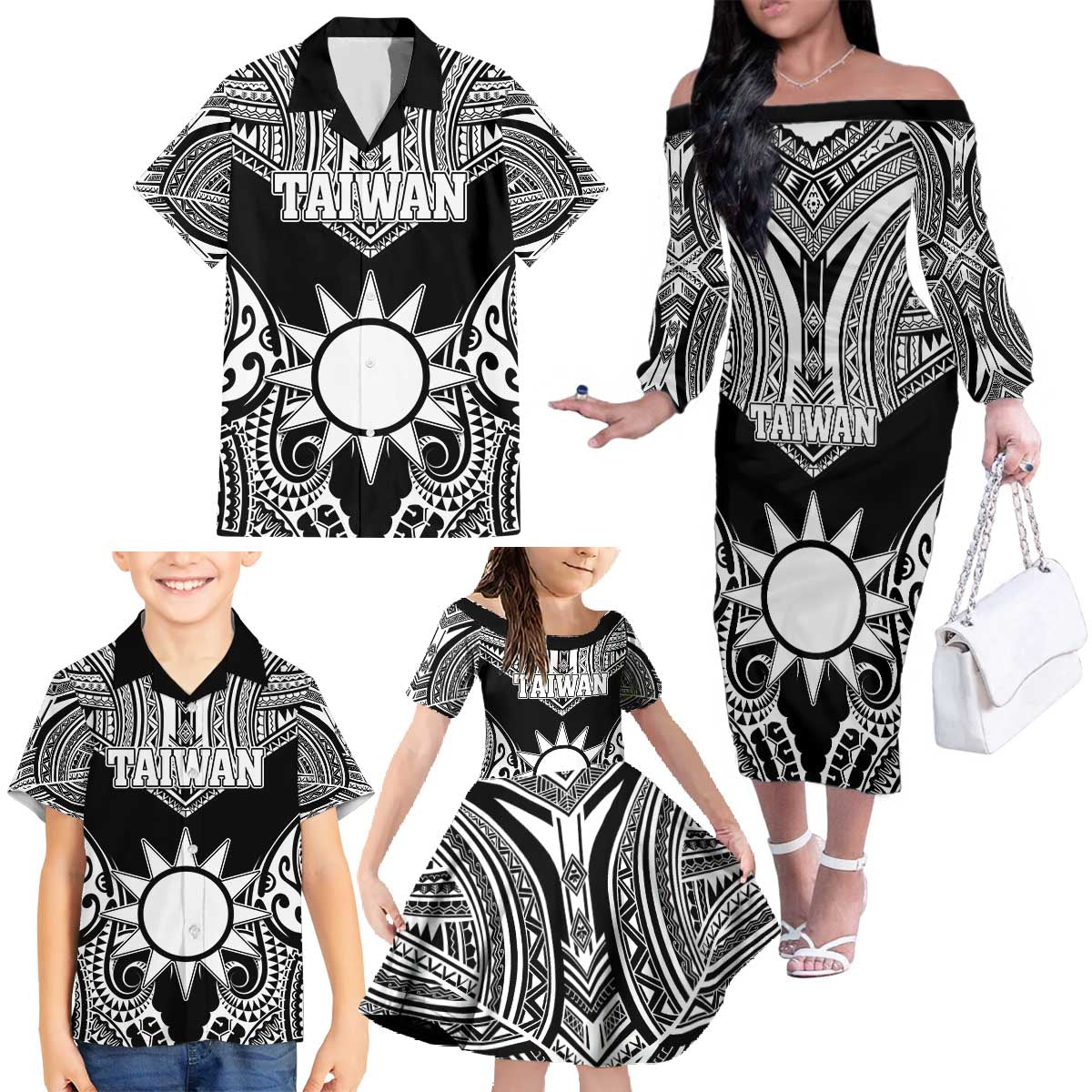 Personalised Taiwan Family Matching Off The Shoulder Long Sleeve Dress and Hawaiian Shirt Austronesian Tribal Tattoo Black LT05 - Polynesian Pride