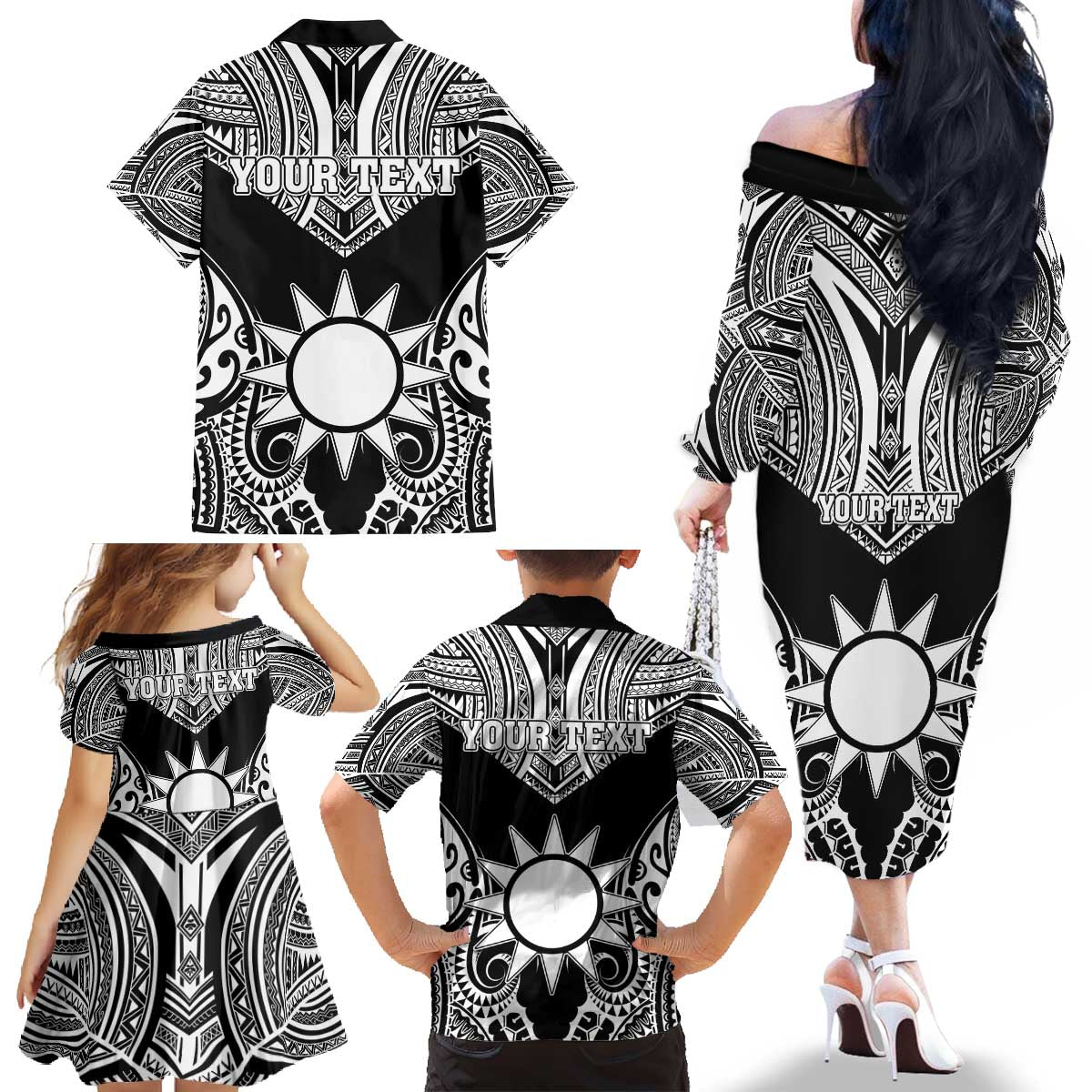 Personalised Taiwan Family Matching Off The Shoulder Long Sleeve Dress and Hawaiian Shirt Austronesian Tribal Tattoo Black LT05 - Polynesian Pride