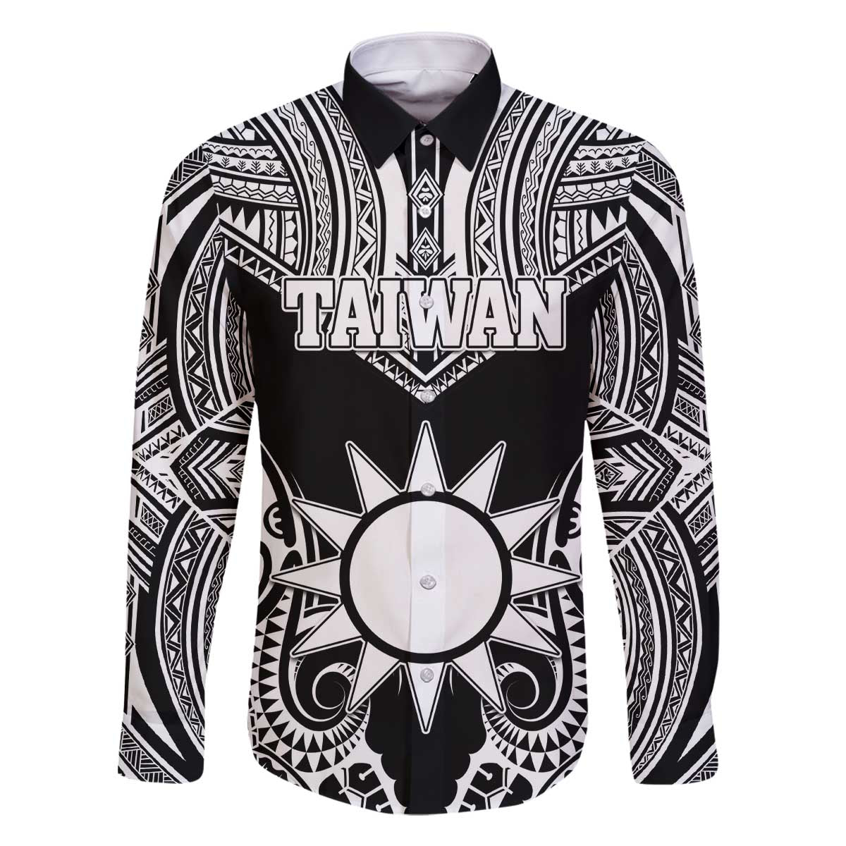 Personalised Taiwan Family Matching Off The Shoulder Long Sleeve Dress and Hawaiian Shirt Austronesian Tribal Tattoo Black LT05 Dad's Shirt - Long Sleeve Black - Polynesian Pride