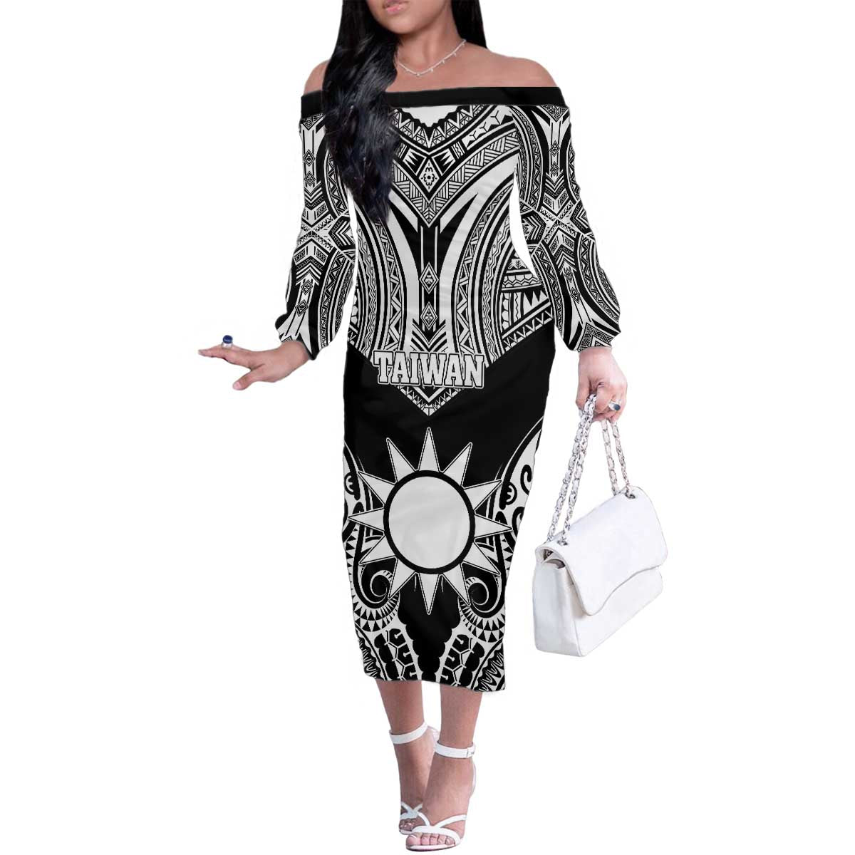Personalised Taiwan Family Matching Off The Shoulder Long Sleeve Dress and Hawaiian Shirt Austronesian Tribal Tattoo Black LT05 Mom's Dress Black - Polynesian Pride