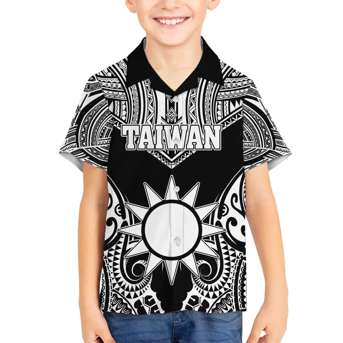 Personalised Taiwan Family Matching Off The Shoulder Long Sleeve Dress and Hawaiian Shirt Austronesian Tribal Tattoo Black LT05 Son's Shirt Black - Polynesian Pride