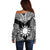 Personalised Taiwan Off Shoulder Sweater Austronesian Tribal Tattoo Black - Polynesian Pride