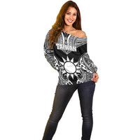 Personalised Taiwan Off Shoulder Sweater Austronesian Tribal Tattoo Black - Polynesian Pride