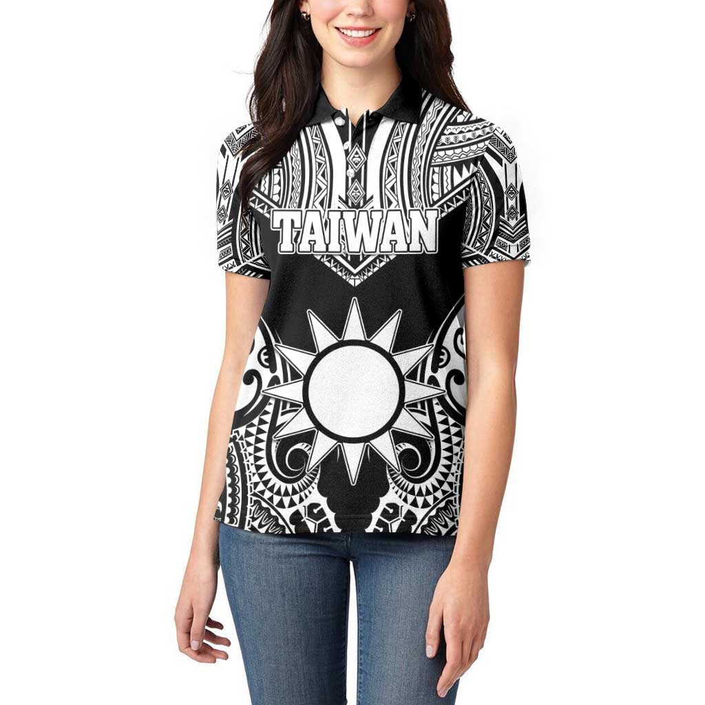 Personalised Taiwan Women Polo Shirt Austronesian Tribal Tattoo Black LT05 - Polynesian Pride