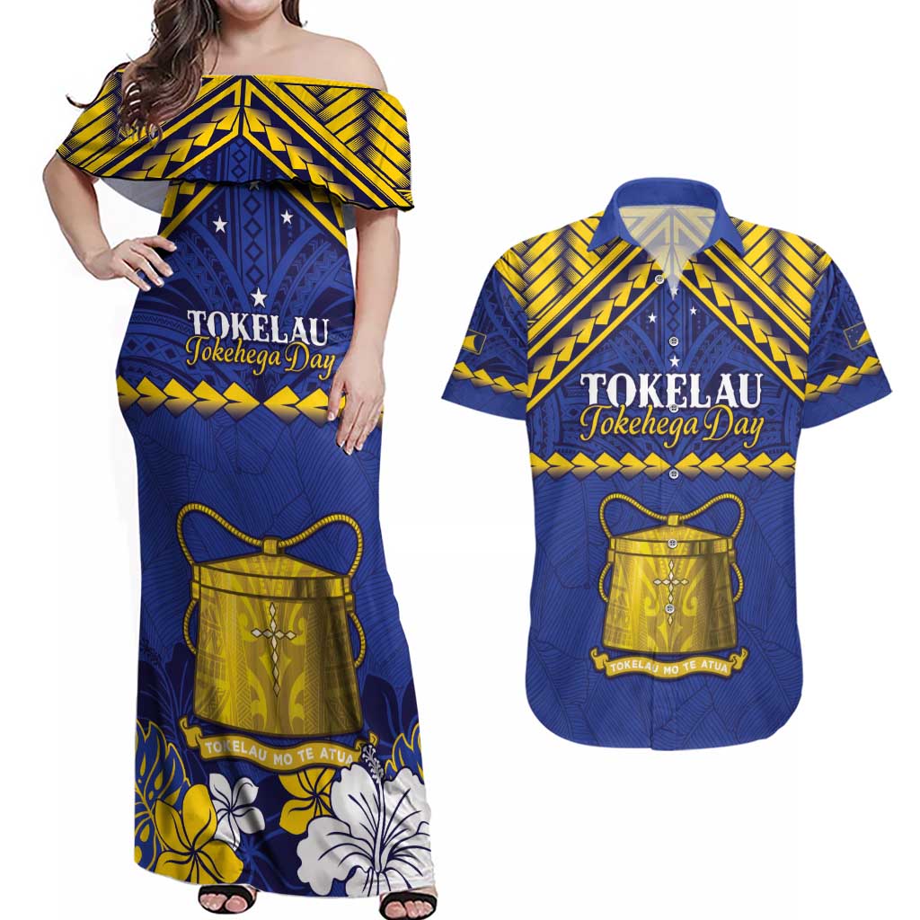 Personalised Tokelau Happy Tokehega Day Couples Matching Off Shoulder Maxi Dress and Hawaiian Shirt Polynesian Tribal Tattoo LT05 Blue - Polynesian Pride