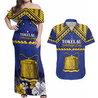 Personalised Tokelau Happy Tokehega Day Couples Matching Off Shoulder Maxi Dress and Hawaiian Shirt Polynesian Tribal Tattoo LT05 Blue - Polynesian Pride