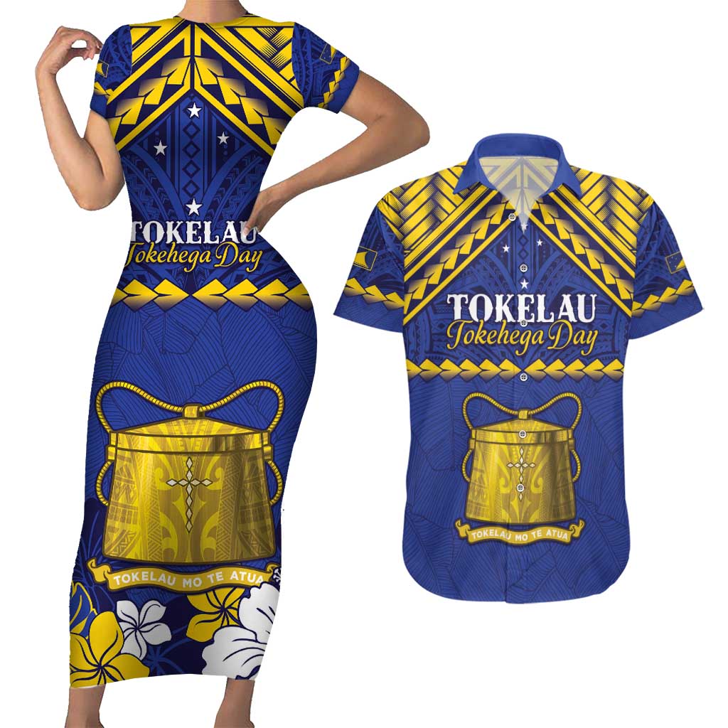 Personalised Tokelau Happy Tokehega Day Couples Matching Short Sleeve Bodycon Dress and Hawaiian Shirt Polynesian Tribal Tattoo LT05 Blue - Polynesian Pride