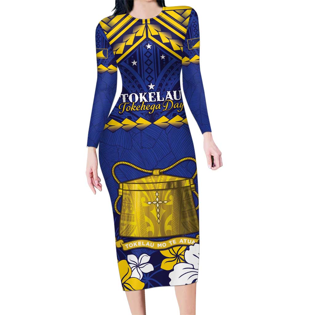 Personalised Tokelau Happy Tokehega Day Family Matching Long Sleeve Bodycon Dress and Hawaiian Shirt Polynesian Tribal Tattoo LT05 Mom's Dress Blue - Polynesian Pride