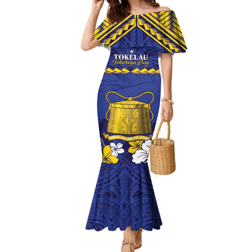 Personalised Tokelau Happy Tokehega Day Family Matching Mermaid Dress and Hawaiian Shirt Polynesian Tribal Tattoo LT05 Mom's Dress Blue - Polynesian Pride