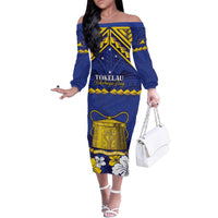 Personalised Tokelau Happy Tokehega Day Family Matching Off The Shoulder Long Sleeve Dress and Hawaiian Shirt Polynesian Tribal Tattoo LT05 Mom's Dress Blue - Polynesian Pride