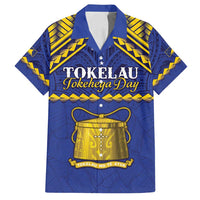 Personalised Tokelau Happy Tokehega Day Family Matching Off Shoulder Maxi Dress and Hawaiian Shirt Polynesian Tribal Tattoo LT05 Dad's Shirt - Short Sleeve Blue - Polynesian Pride