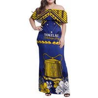 Personalised Tokelau Happy Tokehega Day Family Matching Off Shoulder Maxi Dress and Hawaiian Shirt Polynesian Tribal Tattoo LT05 Mom's Dress Blue - Polynesian Pride
