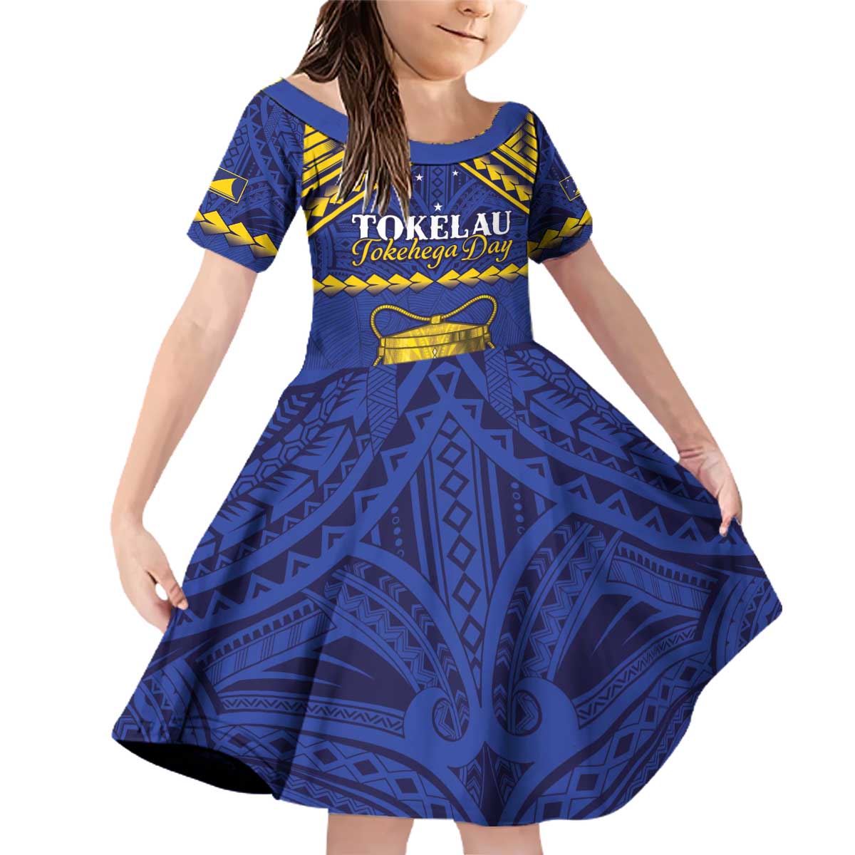 Personalised Tokelau Happy Tokehega Day Family Matching Off Shoulder Short Dress and Hawaiian Shirt Polynesian Tribal Tattoo LT05 Daughter's Dress Blue - Polynesian Pride