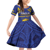 Personalised Tokelau Happy Tokehega Day Family Matching Off Shoulder Short Dress and Hawaiian Shirt Polynesian Tribal Tattoo LT05 Daughter's Dress Blue - Polynesian Pride