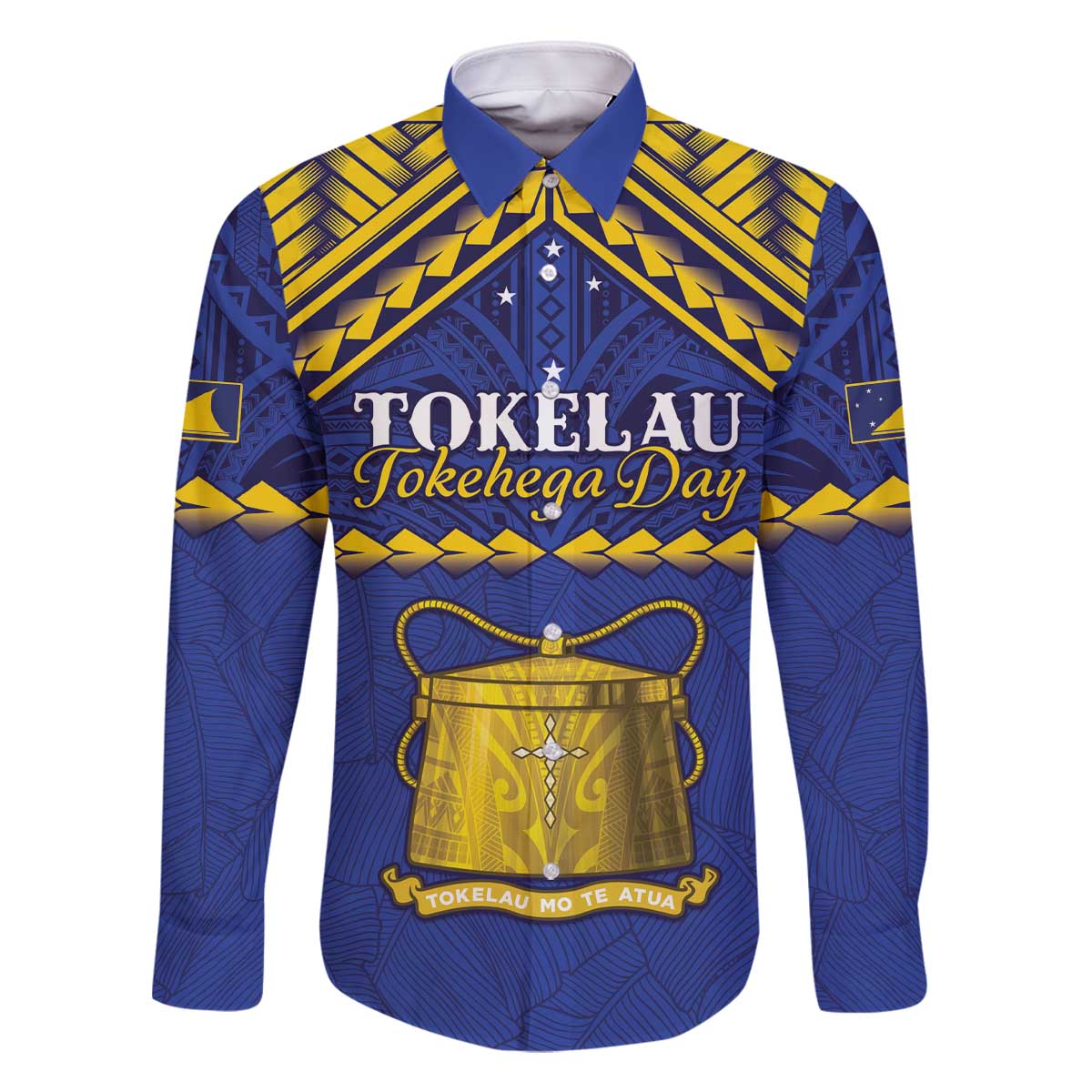 Personalised Tokelau Happy Tokehega Day Family Matching Off Shoulder Short Dress and Hawaiian Shirt Polynesian Tribal Tattoo LT05 Dad's Shirt - Long Sleeve Blue - Polynesian Pride