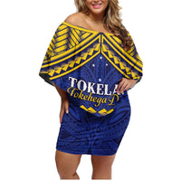 Personalised Tokelau Happy Tokehega Day Family Matching Off Shoulder Short Dress and Hawaiian Shirt Polynesian Tribal Tattoo LT05 Mom's Dress Blue - Polynesian Pride