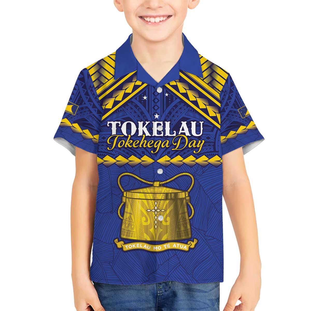 Personalised Tokelau Happy Tokehega Day Family Matching Off Shoulder Short Dress and Hawaiian Shirt Polynesian Tribal Tattoo LT05 Son's Shirt Blue - Polynesian Pride