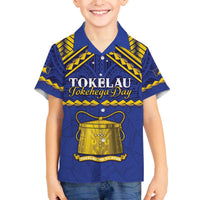 Personalised Tokelau Happy Tokehega Day Family Matching Off Shoulder Short Dress and Hawaiian Shirt Polynesian Tribal Tattoo LT05 Son's Shirt Blue - Polynesian Pride