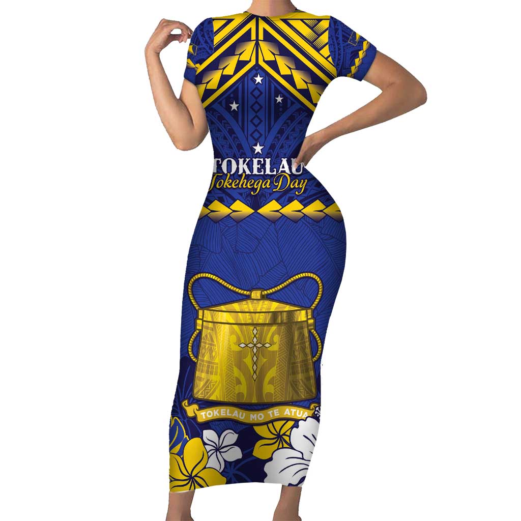 Personalised Tokelau Happy Tokehega Day Family Matching Short Sleeve Bodycon Dress and Hawaiian Shirt Polynesian Tribal Tattoo LT05 Mom's Dress Blue - Polynesian Pride