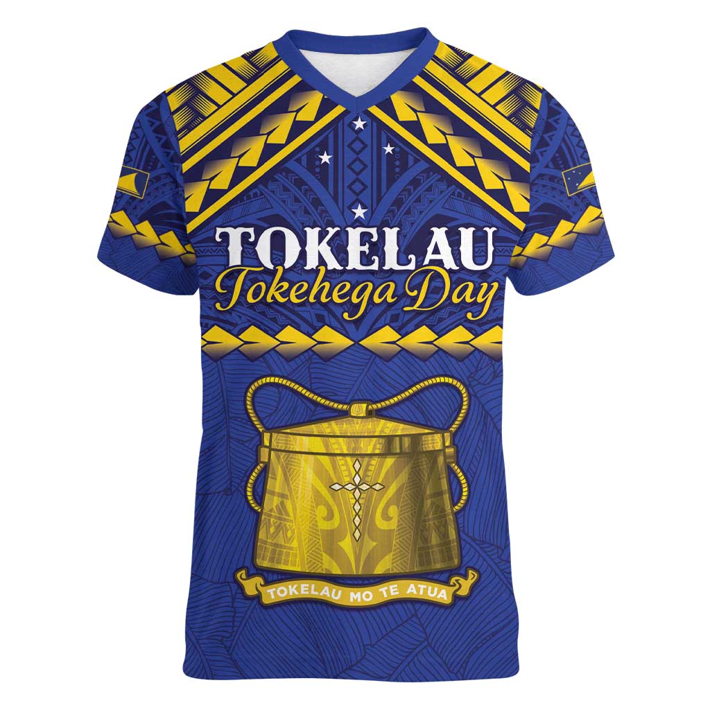 Personalised Tokelau Happy Tokehega Day Women V-Neck T-Shirt Polynesian Tribal Tattoo LT05 Female Blue - Polynesian Pride