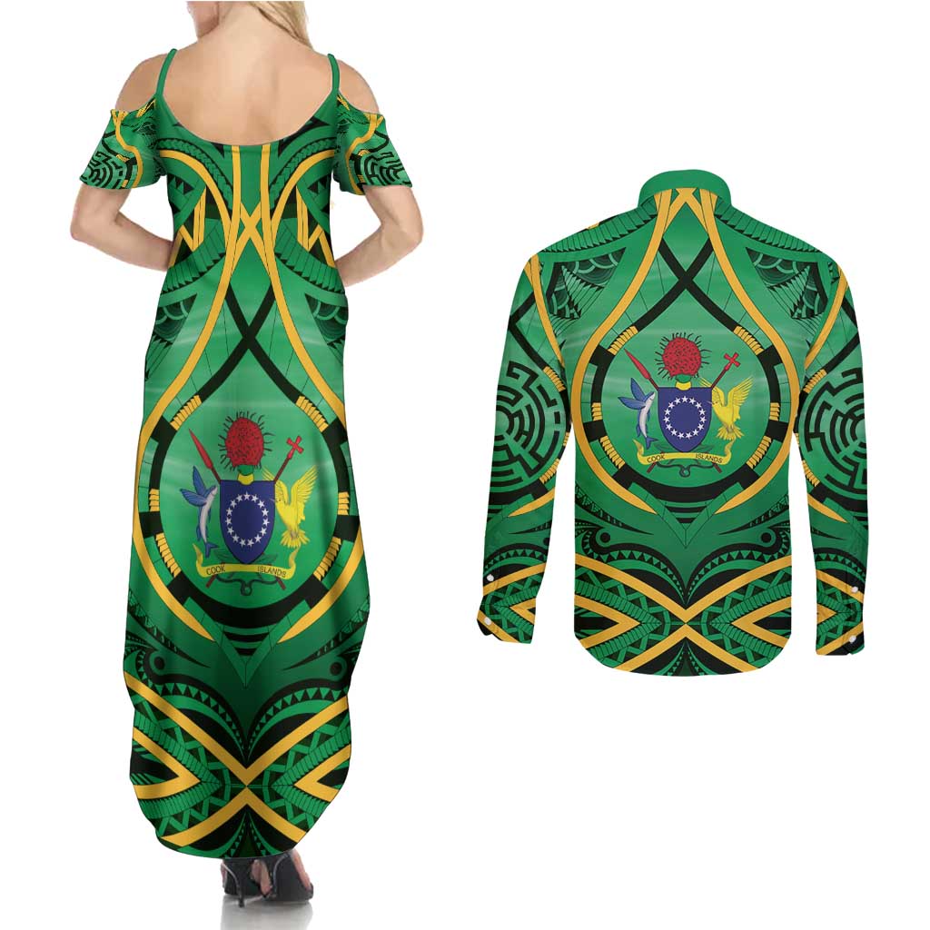 Cook Islands Constitution Day Couples Matching Summer Maxi Dress and Long Sleeve Button Shirt 60th Anniversary - Polynesian Pride