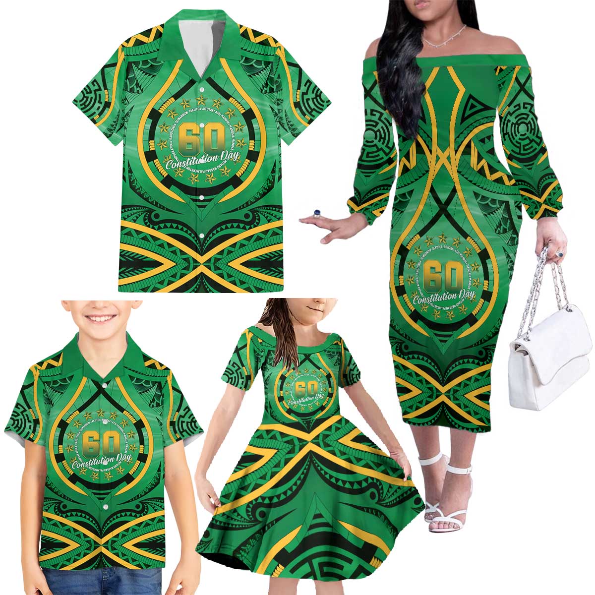 Cook Islands Constitution Day Family Matching Off The Shoulder Long Sleeve Dress and Hawaiian Shirt 60th Anniversary LT05 - Polynesian Pride
