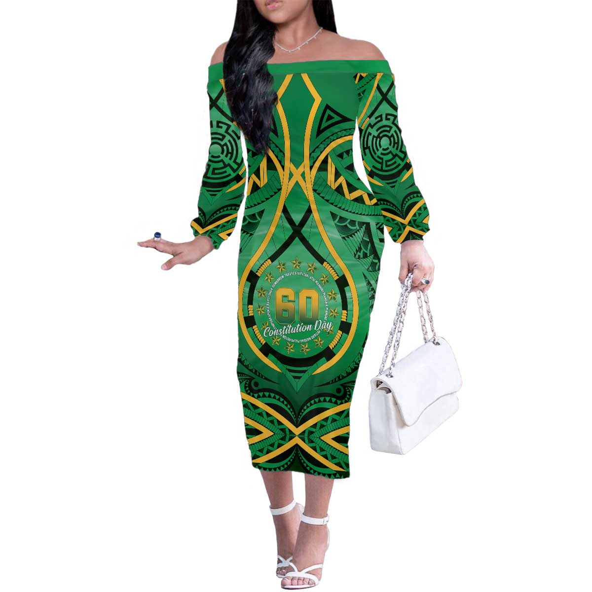 Cook Islands Constitution Day Family Matching Off The Shoulder Long Sleeve Dress and Hawaiian Shirt 60th Anniversary LT05 Mom's Dress Green - Polynesian Pride