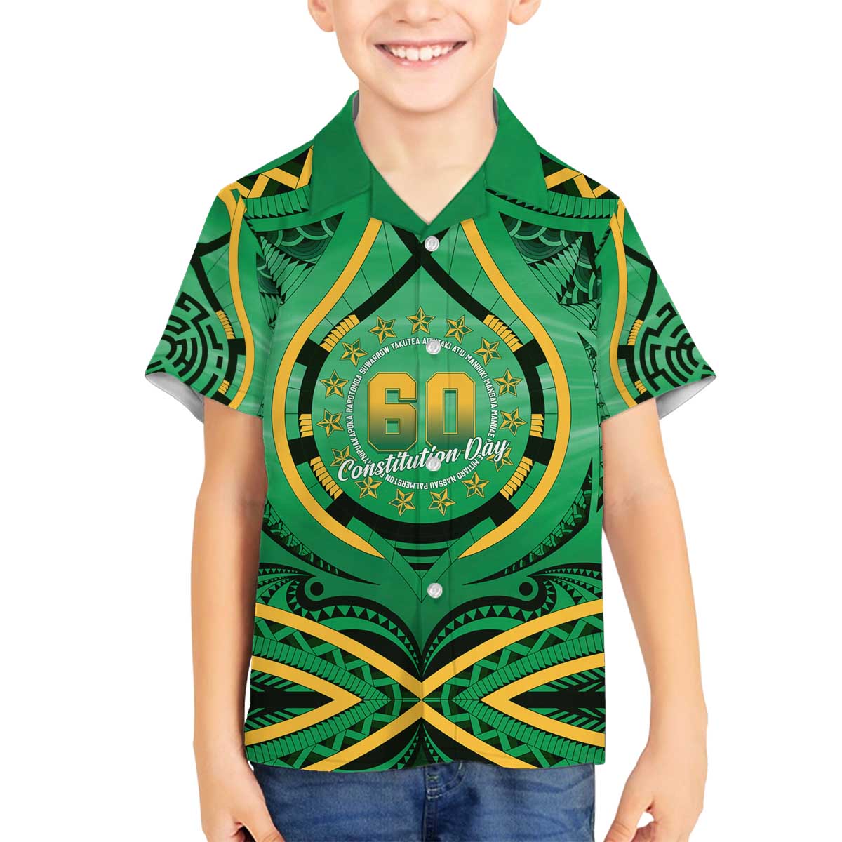 Cook Islands Constitution Day Family Matching Off The Shoulder Long Sleeve Dress and Hawaiian Shirt 60th Anniversary LT05 Son's Shirt Green - Polynesian Pride