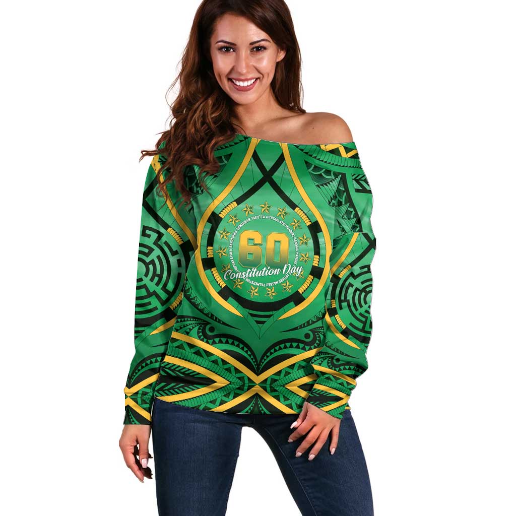 Cook Islands Constitution Day Off Shoulder Sweater 60th Anniversary LT05 Women Green - Polynesian Pride
