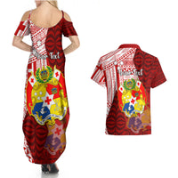 Personalized Tonga Niuas Couples Matching Summer Maxi Dress and Hawaiian Shirt White Tailed Tropicbird With Ngatu Pattern LT05 - Polynesian Pride