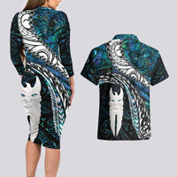 New Zealand Aotearoa Couples Matching Long Sleeve Bodycon Dress and Hawaiian Shirt Maori Hei Rehua Paua Shell Glitter Green LT05 - Polynesian Pride