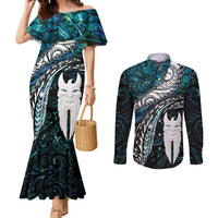 New Zealand Aotearoa Couples Matching Mermaid Dress and Long Sleeve Button Shirt Maori Hei Rehua Paua Shell Glitter Green LT05 Green - Polynesian Pride