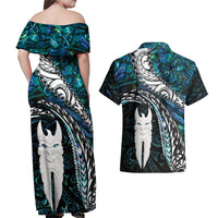 New Zealand Aotearoa Couples Matching Off Shoulder Maxi Dress and Hawaiian Shirt Maori Hei Rehua Paua Shell Glitter Green LT05 - Polynesian Pride
