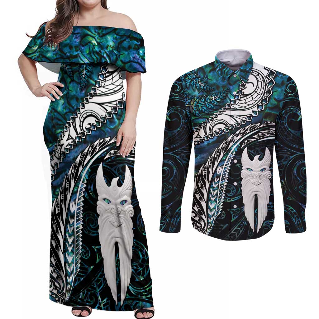 New Zealand Aotearoa Couples Matching Off Shoulder Maxi Dress and Long Sleeve Button Shirt Maori Hei Rehua Paua Shell Glitter Green LT05 Green - Polynesian Pride
