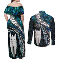 New Zealand Aotearoa Couples Matching Off Shoulder Maxi Dress and Long Sleeve Button Shirt Maori Hei Rehua Paua Shell Glitter Green LT05 - Polynesian Pride