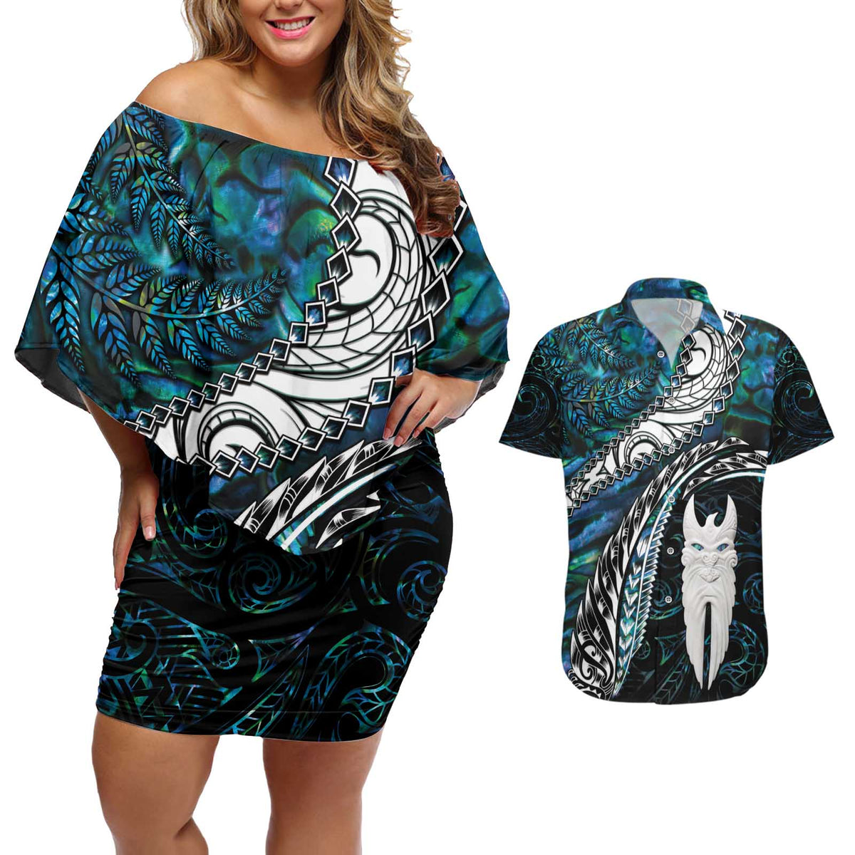 New Zealand Aotearoa Couples Matching Off Shoulder Short Dress and Hawaiian Shirt Maori Hei Rehua Paua Shell Glitter Green LT05 Green - Polynesian Pride