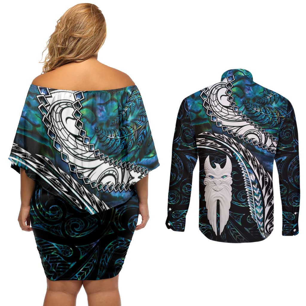 New Zealand Aotearoa Couples Matching Off Shoulder Short Dress and Long Sleeve Button Shirt Maori Hei Rehua Paua Shell Glitter Green LT05 - Polynesian Pride