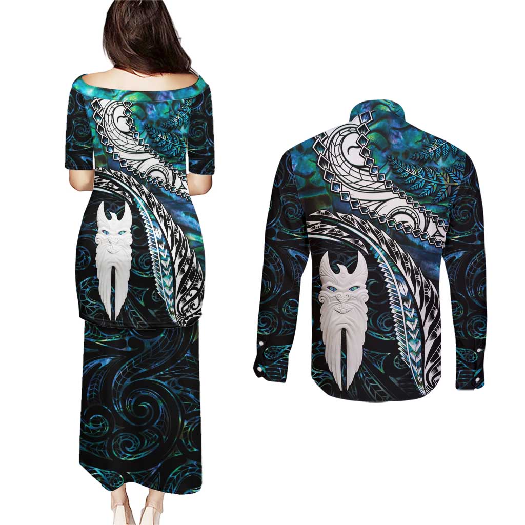 New Zealand Aotearoa Couples Matching Puletasi and Long Sleeve Button Shirt Maori Hei Rehua Paua Shell Glitter Green LT05 - Polynesian Pride