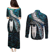 New Zealand Aotearoa Couples Matching Puletasi and Long Sleeve Button Shirt Maori Hei Rehua Paua Shell Glitter Green LT05 - Polynesian Pride