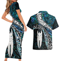 New Zealand Aotearoa Couples Matching Short Sleeve Bodycon Dress and Hawaiian Shirt Maori Hei Rehua Paua Shell Glitter Green LT05 - Polynesian Pride