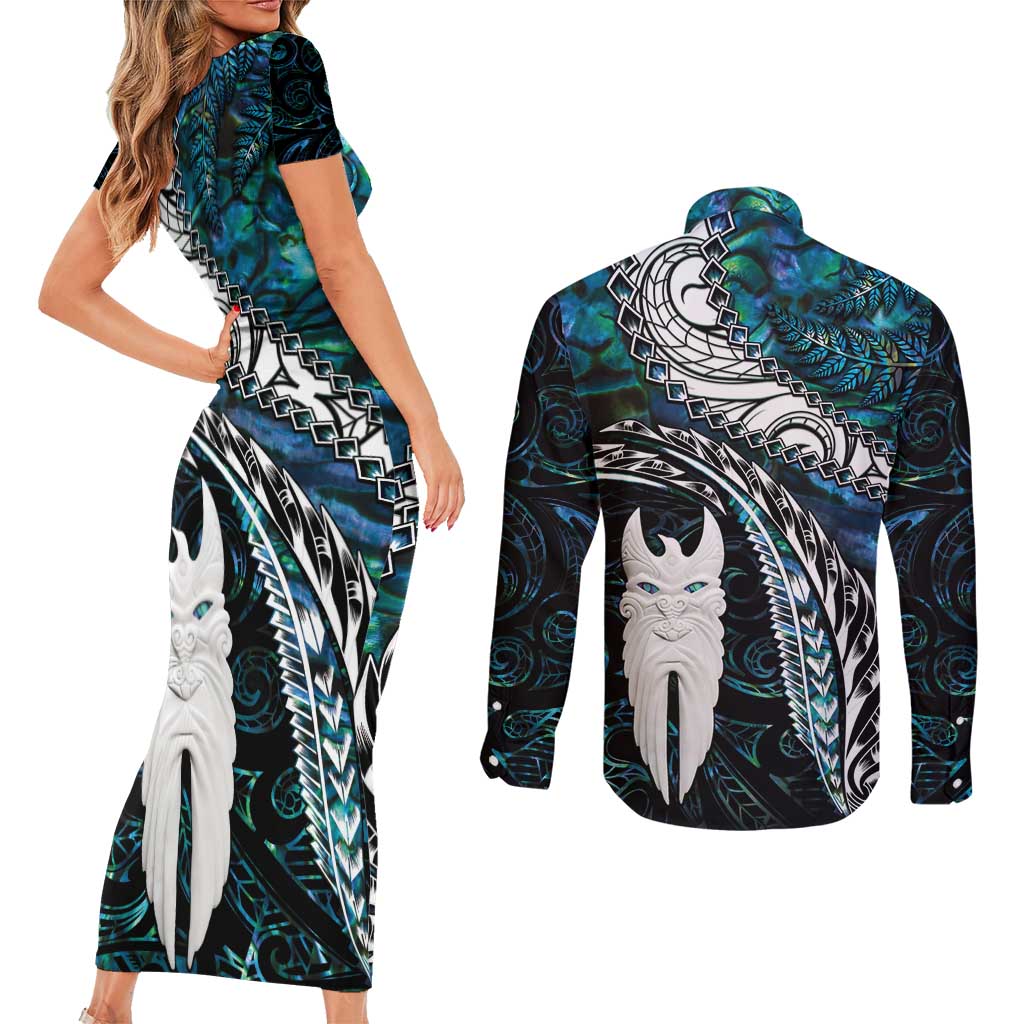 New Zealand Aotearoa Couples Matching Short Sleeve Bodycon Dress and Long Sleeve Button Shirt Maori Hei Rehua Paua Shell Glitter Green LT05 - Polynesian Pride