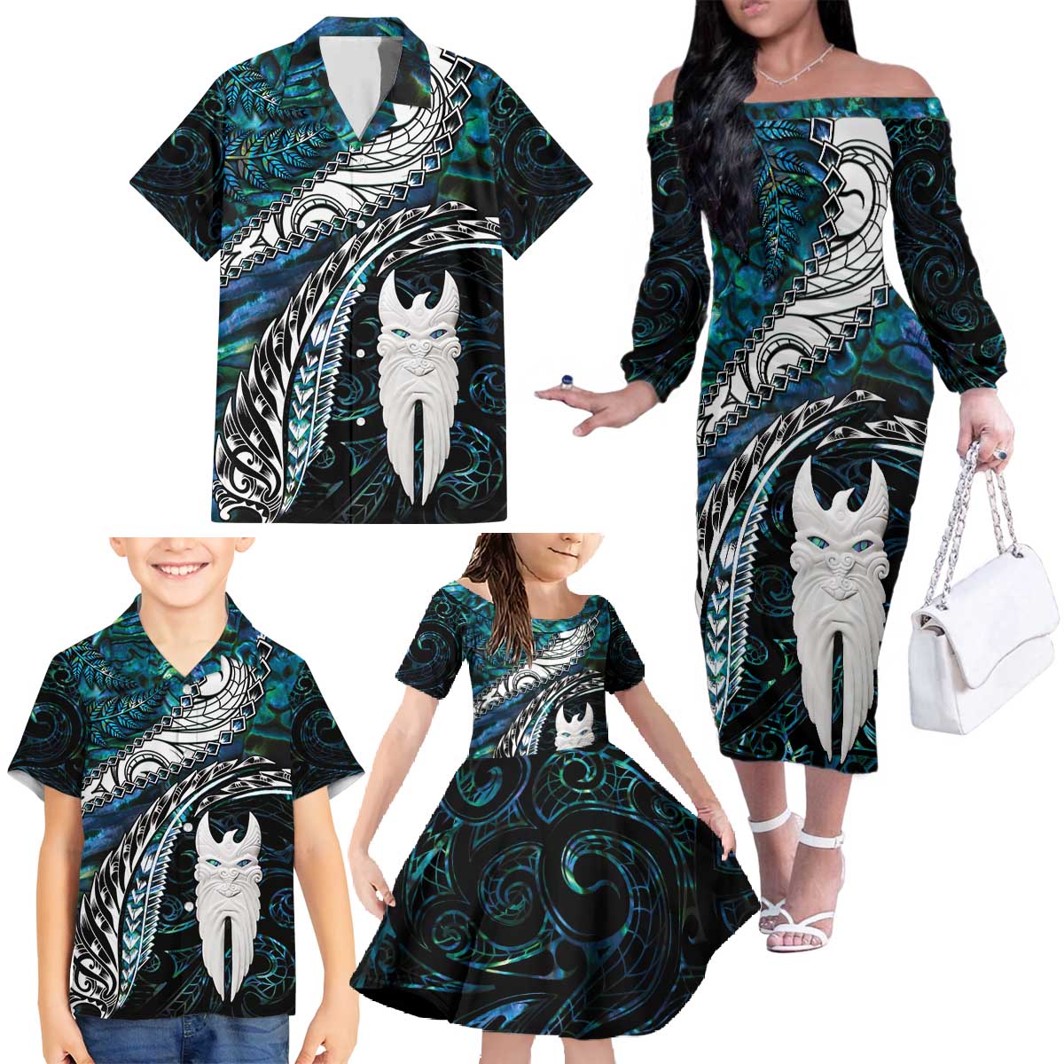 New Zealand Aotearoa Family Matching Off The Shoulder Long Sleeve Dress and Hawaiian Shirt Maori Hei Rehua Paua Shell Glitter Green LT05 - Polynesian Pride