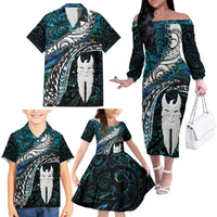 New Zealand Aotearoa Family Matching Off The Shoulder Long Sleeve Dress and Hawaiian Shirt Maori Hei Rehua Paua Shell Glitter Green LT05 - Polynesian Pride